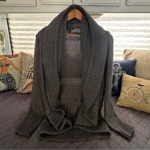 LANDS' END Long Cardigan Sweater Size L Gray Knit Waterfall Collar Cottagecore